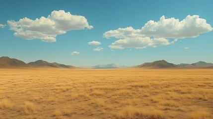 Expansive Desert Landscape Under a Blue Sky with Fluffy Clouds