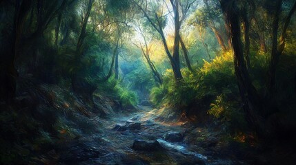 Fototapeta premium Serene forest landscape with a gentle stream flowing through a verdant canopy of trees creating a peaceful natural retreat for reflection