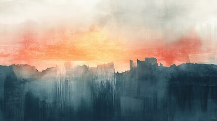 Abstract landscape painting of city silhouettes at sunrise.