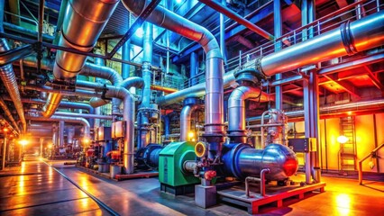 Industrial Plant with Colorful Pipe System and Machinery in Operation
