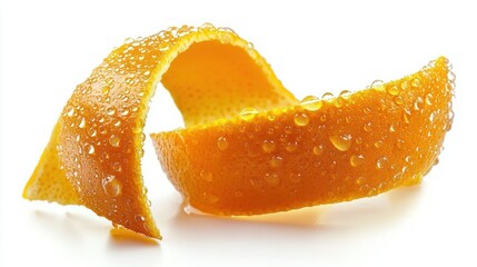 A fresh orange peel with tiny water droplets, isolated on white