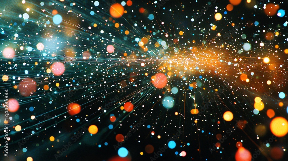 Poster striking black background adorned with many colored lights creating a mesmerizing visual display of 