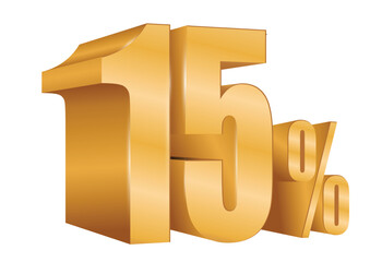 Set illustration of bold 3D golden number "15%" rendered in a shiny metallic style, ideal for highlighting promotions, discounts, sales, and special offers. The image visually communicates a 15% price