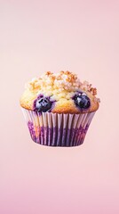 Muffin background, blueberry muffin with crispy sugar top, floating on a soft gradient backdrop