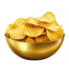Golden Potato Chips in Shiny Bowl PNG