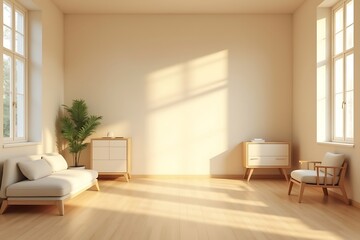 Fototapeta premium Sunlit Minimalist Room with Couch and Wooden Furniture, Beige Interior Decor and Modern Design Elements. 