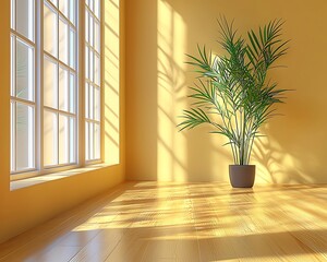 Sunlit room, plant, hardwood floor