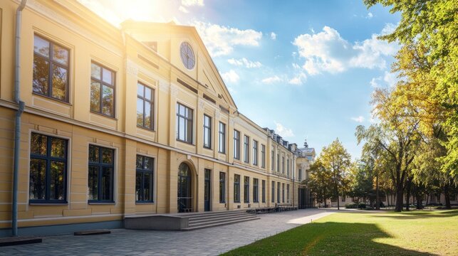 Sunny exterior view of a long, light-yellow building complex.