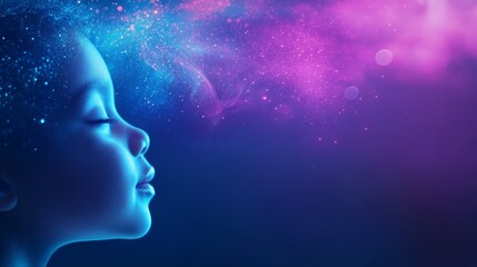 Obraz premium glowing child floating in space with stars swirling around, peaceful expression, nebula colors, surreal cosmic background.