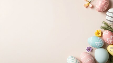 Colorful Easter eggs and spring flowers on pastel colored background and festive decorations.