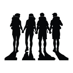 Couple Outdoors Vector Silhouette, Group of Hiking man Silhouettes. hiker with backpack and rucksacks silhouette.	