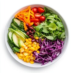 Top view of vegetarian food bowl with colorful vegetables, white plate, white background.