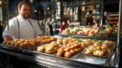 Street food vendor showcasing various fried snacks.  A smiling chef stands behind a food cart overflowing with golden-brown, crispy treats like fried potatoes, coated meats and vegetables.