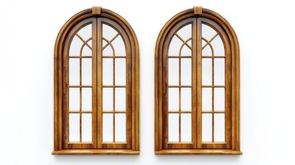 Obraz premium A pair of classic wooden windows with symmetrical panes and natural wood grain on a white background.