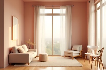 Fototapeta premium Bright Peach-Colored Living Room Interior with Neutral Furniture, Sunlight, and Window View, Creating a Serene and Airy Atmosphere. 