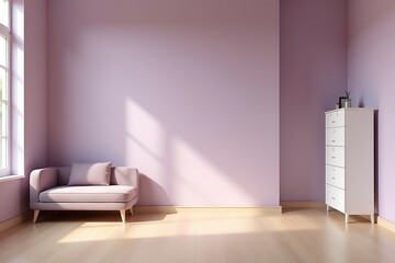 Soft Light in Minimalist Lilac Room: Modern Couch and White Dresser Against Pastel Walls.                                                             