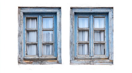 Fototapeta premium A pair of classic wooden windows with symmetrical panes and natural wood grain on a white background.