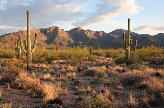 Close-up of cactus in desert with soft evening light, dry