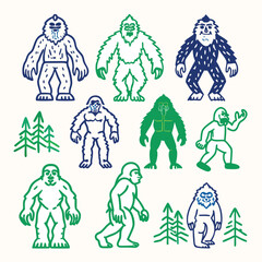 Epic Bigfoot Silhouette Vector Collection Featuring Forest, Mountain, and Mythical Cryptid Scenes in Minimalist Black Style