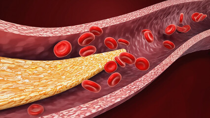 Illustration of blood flow with red blood cells in an artery with fatty deposits.