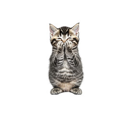 Fototapeta premium Adorable curious tabby kitten cove its face with paws looking playfully at the camera isolated on a white background