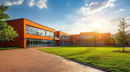 Exterior view of a modern school building on a sunny day.