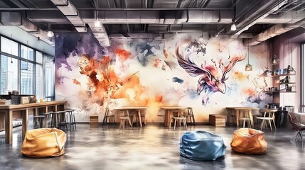 transform your space with a vibrant workspace poster: bold geometric patterns, colorful accents, and ergonomic furniture for an energizing and creative environment!