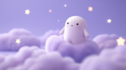 Obraz premium A whimsical, light purple creature sits atop fluffy clouds against a soft purple background dotted with stars