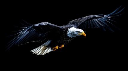 Obraz premium Majestic Bald Eagle in Flight Against a Black Background