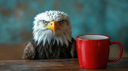 Majestic Bald Eagle with Red Mug on Wooden Table