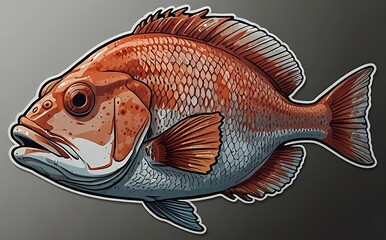A colorful sticker of a snapper fish, notable for its bright eyes and artistic representation.