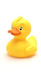 A realistic rubber duck in bright yellow color sitting on a plain solid white background, bath toy concept

