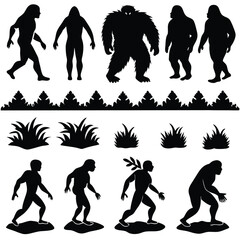 Epic Bigfoot Silhouette Vector Collection Featuring Forest, Mountain, and Mythical Cryptid Scenes in Minimalist Black Style