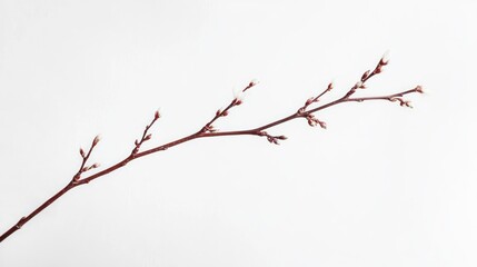 A softly curved willow branch floating in empty white space, macro photography