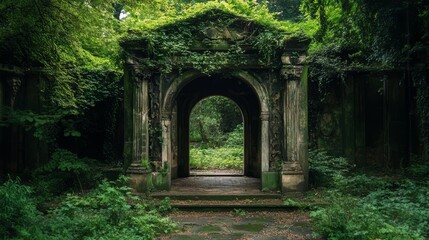 Overgrown stone archway with moss leading into a secret garden.