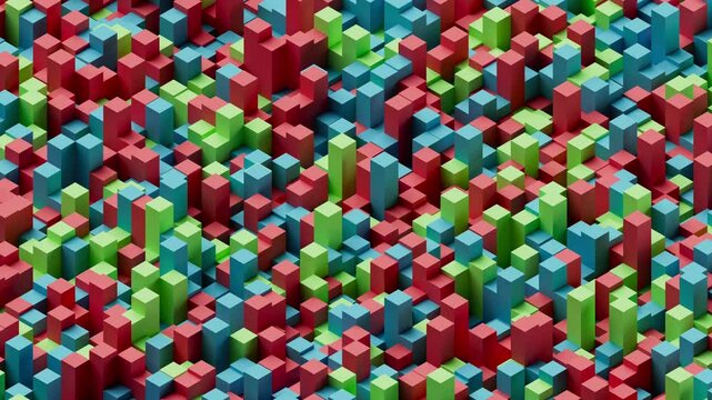 3D animation of sound level bars jumping randomly in a vibrant, dynamic pattern, creating a visually engaging and rhythmic effect of motion waves, 4k loop animation. Isometric view