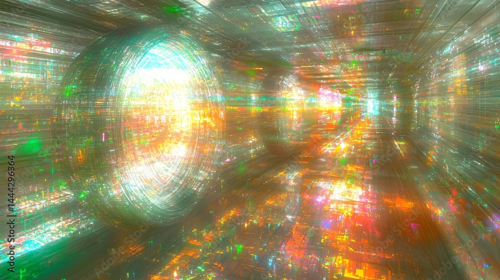 Poster mesmerizing tunnel illuminated by many glowing lights creating a multidimensional flux of energy and