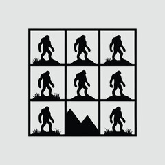 Epic Bigfoot Silhouette Vector Collection Featuring Forest, Mountain, and Mythical Cryptid Scenes in Minimalist Black Style