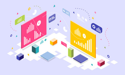 Modern Infographic Layout with Vibrant Colored Data Panels and Floating Graph Elements