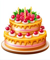 Colorful Celebration Cake with Fresh Fruits and Candles on Top