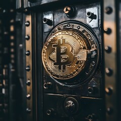 Digital vault with bitcoin symbols, representing secure asset management