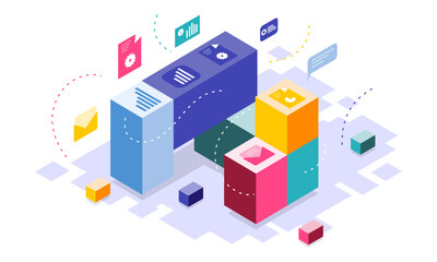 3D Data Blocks with Financial Charts and Digital Interface Elements in Isometric Style