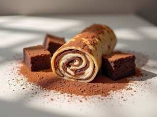 Tiramisu Crepe Roll with Brownie Cubes: Close-up of tiramisu crepe roll beside rich brownie cubes and dusted cocoa, styled under crisp studio lighting with dramatic shadows.
