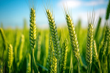 Lush Wheat Field Against Blue Sky Showcasing Agriculture and Rural Beauty