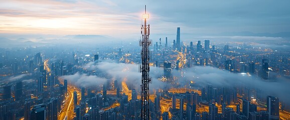 Obraz premium Cityscape at Dawn with Tower