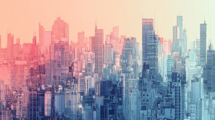 Fototapeta premium A minimalist city skyline designed in a detailed graphic style, where buildings are reduced to essential geometric forms with subtle gradient coloring. 
