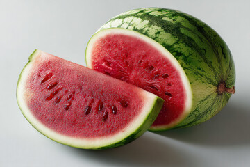 Juicy Watermelon Slice: A ripe watermelon, freshly cut to reveal its vibrant red flesh and black seeds, promises a taste of summer freshness and sweetness.