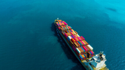 Aerial view of the freight shipping transport system cargo ship container. international...