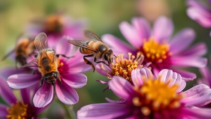 honeybees foraging on the bright center of a blooming flower