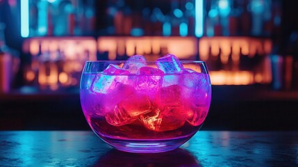 cyberpunk cocktail served in glowing glass bowl, neon highlights, futuristic bar setting 